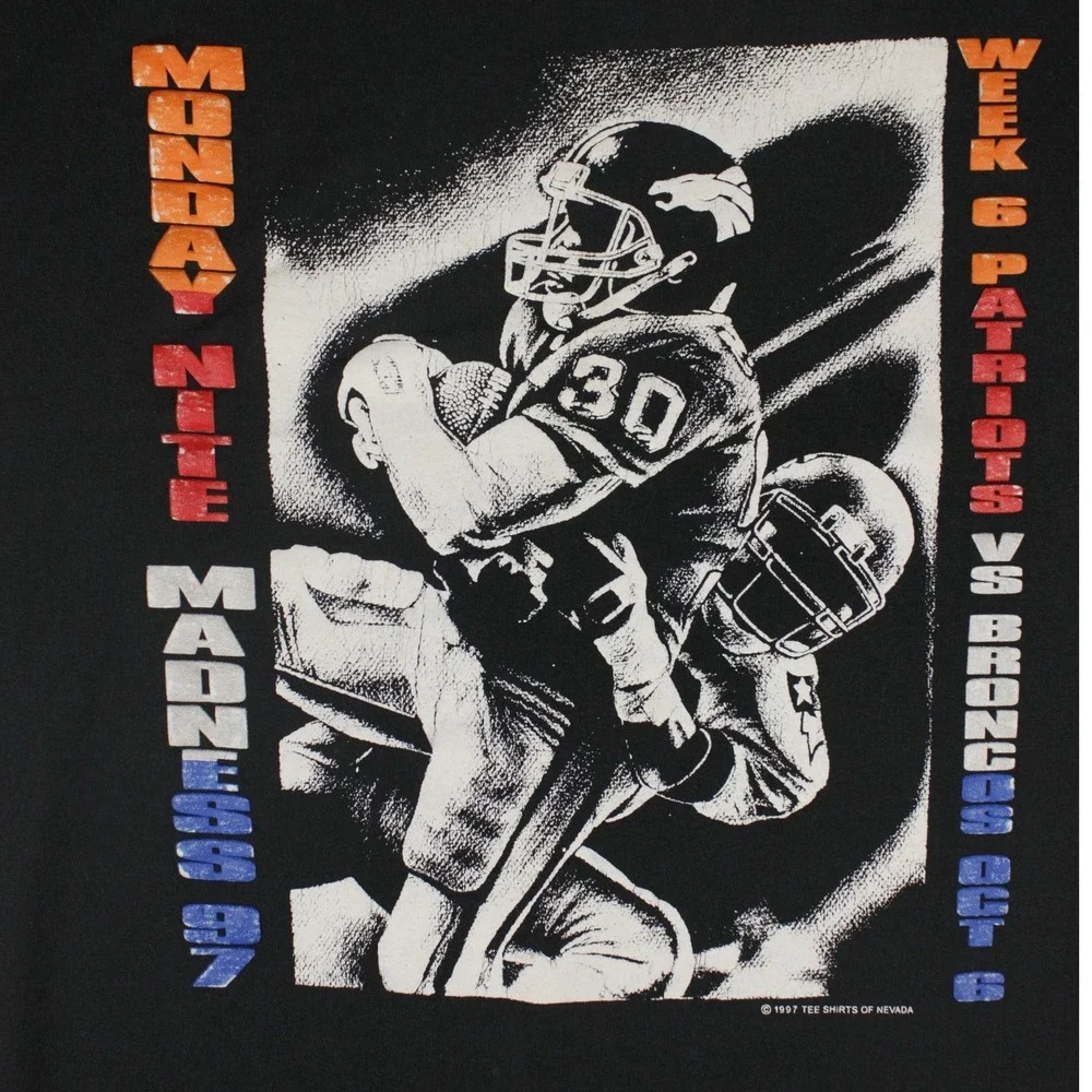Vintage 1997 Monday Nite Madness Patriots vs Broncos T-Shirt Men XL Black‎